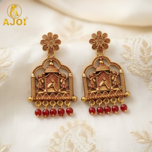 Maroon bead radha krishna antique chandbali earrings with floral studs for festive wear